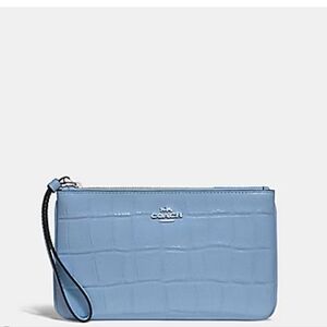 COACH F73377 Cornflower/Silver Croc Embossed Leather Large Wristlet VGUC